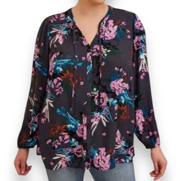 Torrid Black‎ Floral Long Sleeve Blouse Pink Roses Plus Size 5 Asymmetrical Hem - Picture 1 of 16